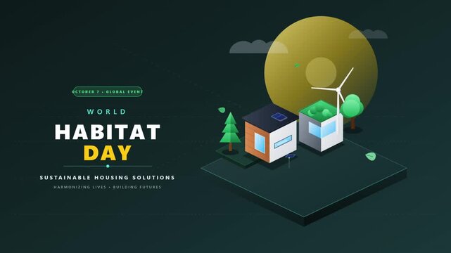 World Habitat Day animation showing sustainable isometric houses with wind turbine and green energy for the global event.
