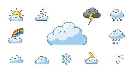 Naklejka premium A comprehensive set of weather forecast icons depicting various atmospheric conditions like sun, clouds, rain, snow, lightning, rainbow, moon, and wind.
