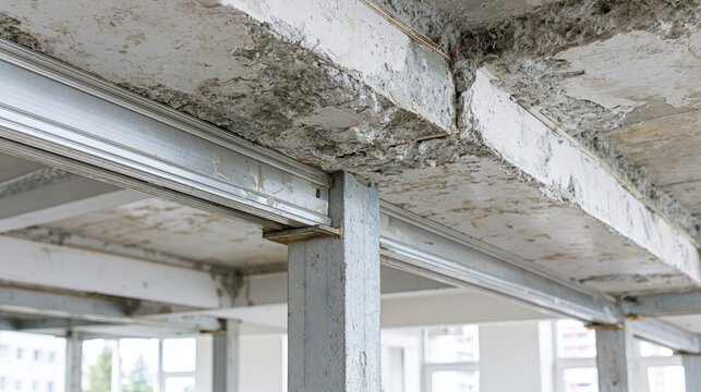 Deteriorated concrete bridge underside with temporary steel shoring