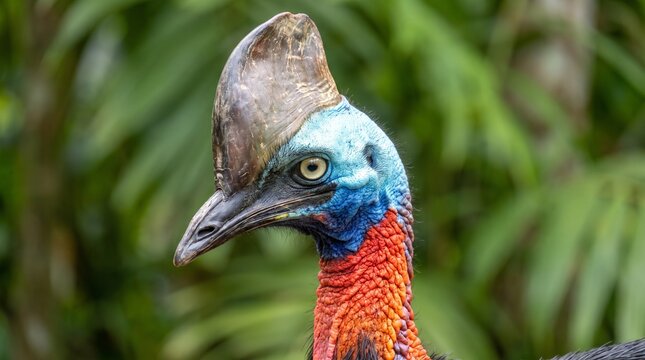 Close up portrait of a southern cassowary bird with bright blue and red neck.