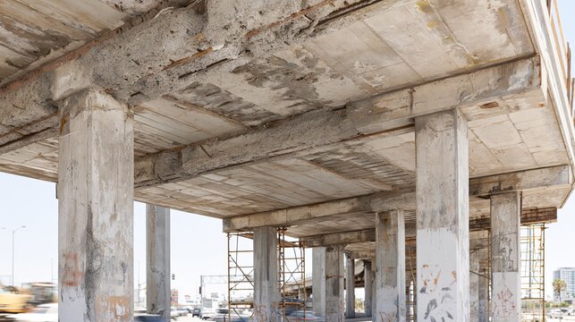 Deteriorated concrete overpass bridge with exposed steel rebar infrastructure