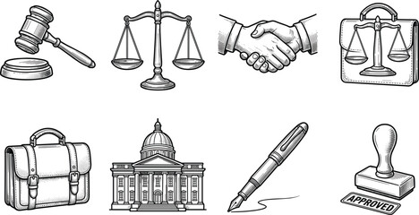 Vintage legal profession sketch collection, justice and law illustration icons bundle, hand drawn symbols © LatifunNahar