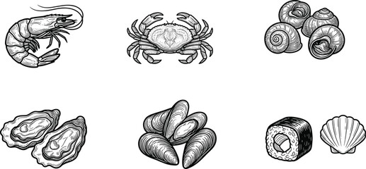 Vintage seafood engraving collection illustration set, shellfish and marine food icons, hand drawn delicacies © LatifunNahar