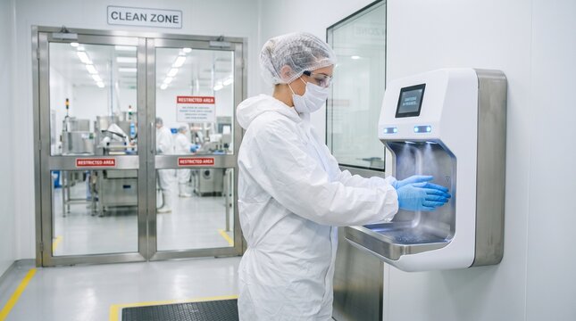 Industrial worker using automated hand sanitization station in cleanroom