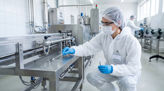 Technician swabbing equipment for food safety in industrial plant