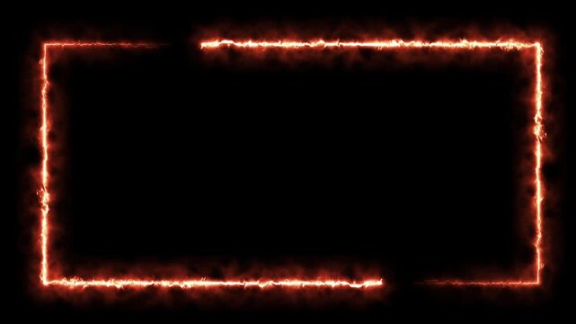 Fire neon light rectangle frame loop animated background. Burning neon lights frame box animation seamless loop, alpha channel, Fire line glowing rectangle border 4k video footage.