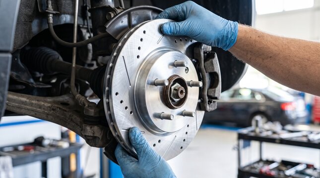 Professional mechanic replacing disc brake rotor in automotive service shop