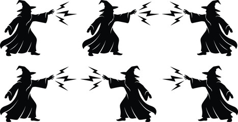 Wizard casting magic spell silhouette collection with fantasy sorcerer characters isolated vector illustration set © LatifunNahar