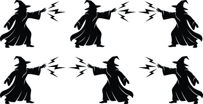 Wizard casting magic spell silhouette collection with fantasy sorcerer characters isolated vector illustration set