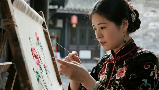 A woman in traditional attire embroiders a floral design on fabric using a needle and thread.