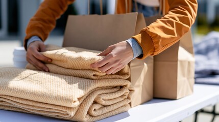 Social worker folding warm blanket for homeless person donation