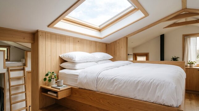 Modern loft bed situated under skylight in wooden tiny house