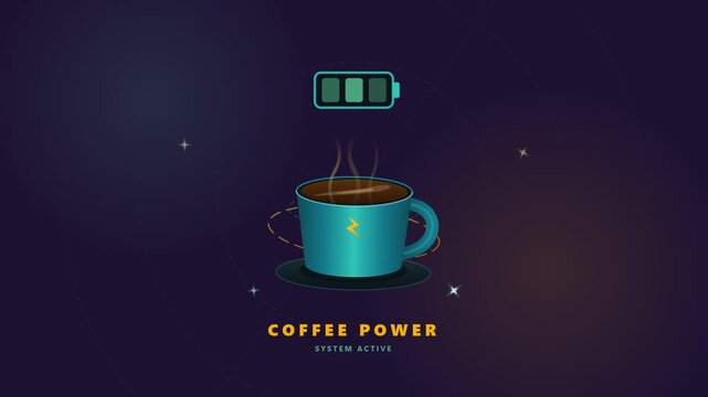 Animated coffee cup with a battery icon representing energy and power
