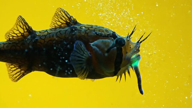 Bioluminescent deep sea fish swimming against a bright yellow background.