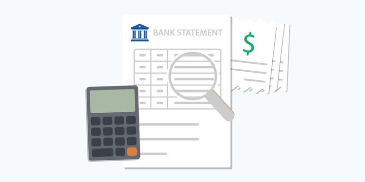 Bank statement, highlighted transactions, magnifying glass, calculator and receipts. Bank transaction review concept scene. Financial record analysis and expense verification process.
