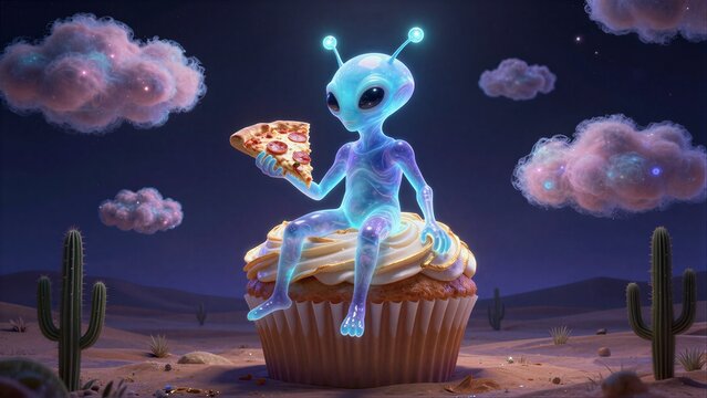Glowing alien sits atop a giant cupcake in desert night sky with clouds.