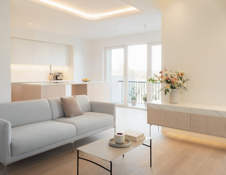 A close-up of a very modern living room featuring simple, concealed modern lighting and floral accents; the new furniture avoids a futuristic look, complementing the open-plan layout shared with the k