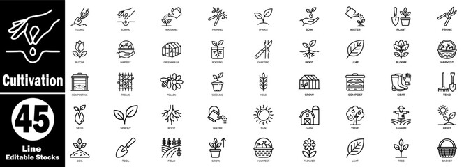 Agricultural cultivation line icons. Collection of organic gardening and traditional farming methods featuring soil and plant care tools. Vector Illustration. © Hafiz