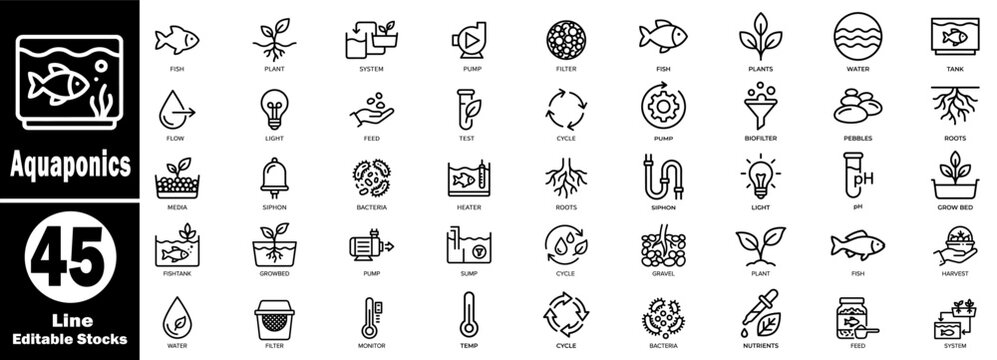 Aquaponics thin line icon set. Vector for hydroponic farming management, fish cultivation, nutrient water cycle systems. 