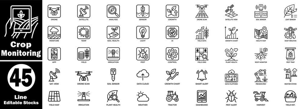 Smart farm line icon. Collection for precision agricultural management using artificial intelligence and automated machinery. Vector Illustration.