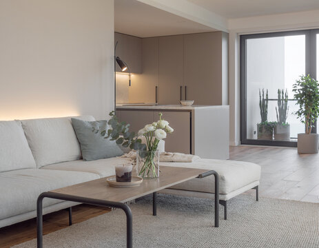 A close-up of a very modern living room featuring simple, concealed modern lighting and floral accents; the new furniture avoids a futuristic look, complementing the open-plan layout shared with the k