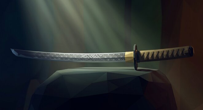 Low Poly Katana Sword with Batik Pattern Engraving
