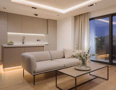 A close-up of a very modern living room featuring simple, concealed modern lighting and floral accents; the new furniture avoids a futuristic look, complementing the open-plan layout shared with the k