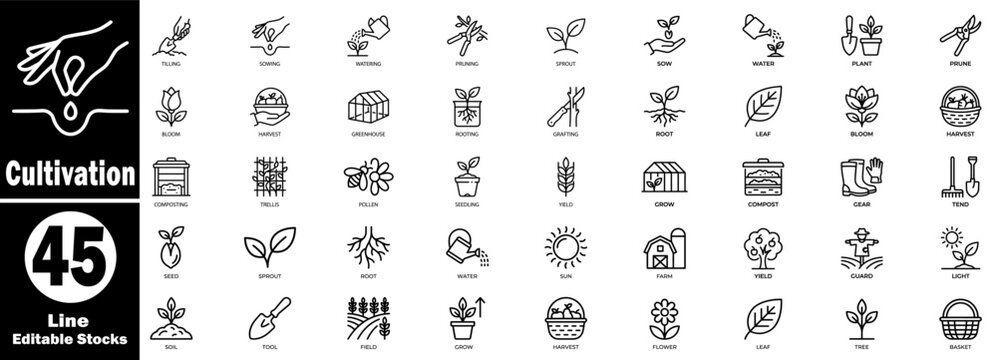 Agricultural cultivation line icons. Collection of organic gardening and traditional farming methods featuring soil and plant care tools. Vector Illustration.