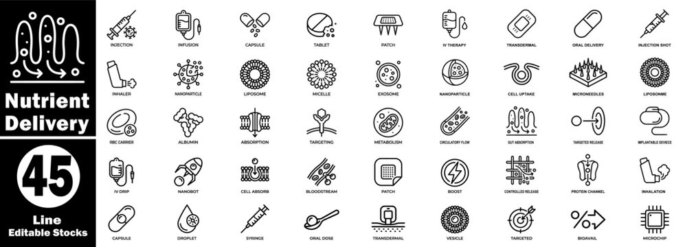 Nutrient delivery thin line icons in black and white, featuring various methods and elements of nutrient administration. Vector Illustration.