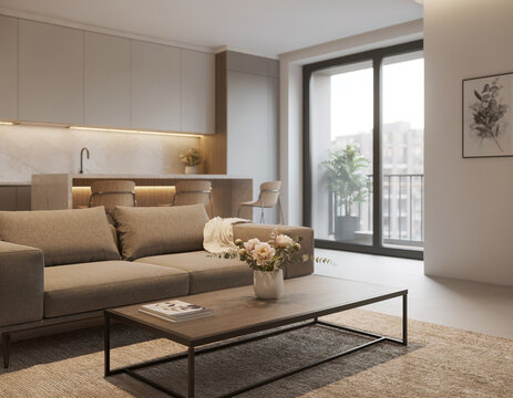 A close-up of a very modern living room featuring simple, concealed modern lighting and floral accents; the new furniture avoids a futuristic look, complementing the open-plan layout shared with the k