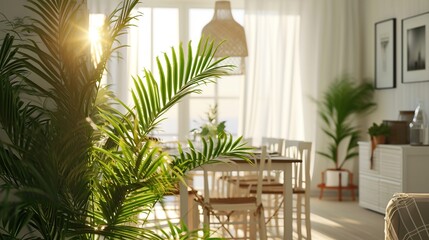 Fototapeta premium Bright Sunlit Scandinavian-Style Dining Area with Lush Green Houseplants and Wooden Furniture
