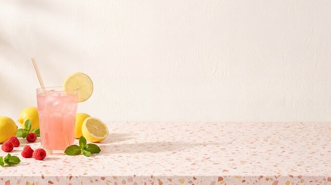 Glass of fresh pink lemonade with ice mint and raspberries on a stylish pink terrazzo tabletop background lemonade beverage refreshing raspberry terrazzo