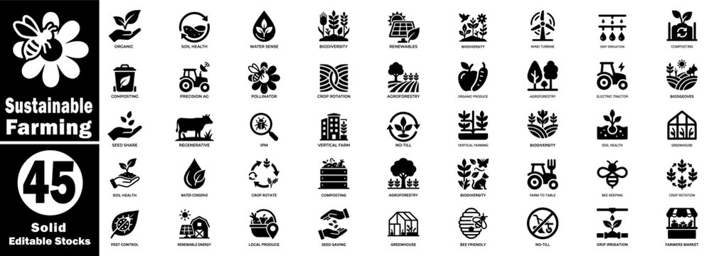 Sustainable farming solid icons set with editable stroke vector illustration isolated on transparent background. 
