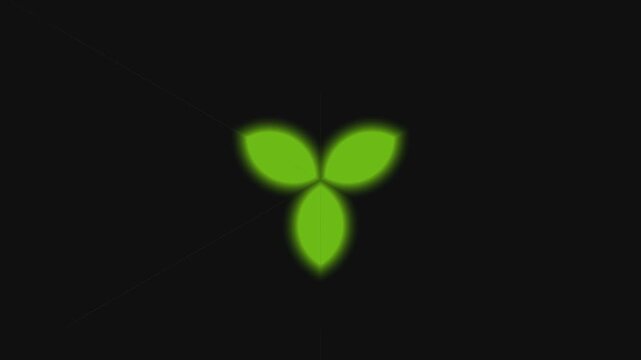 A bright green leafy logo with motion blur on a dark background