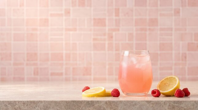 Glass of refreshing pink lemonade with lemon and raspberries on stone surface for drink menu background lemonade beverage raspberry background restaurant