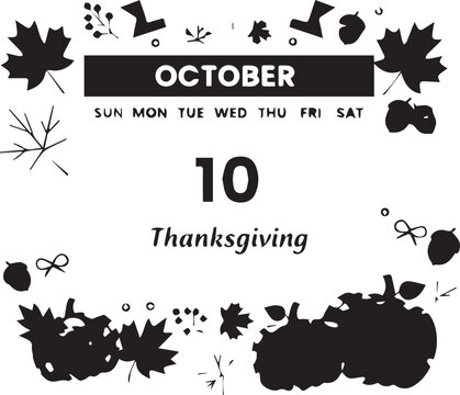 October Thanksgiving calendar icon, black silhouette illustration, fall leaves and pumpkins, daily planner graphic