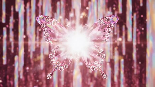 Vibrant pink kaleidoscopic crystal explosion radiating luminous facets and sparkles