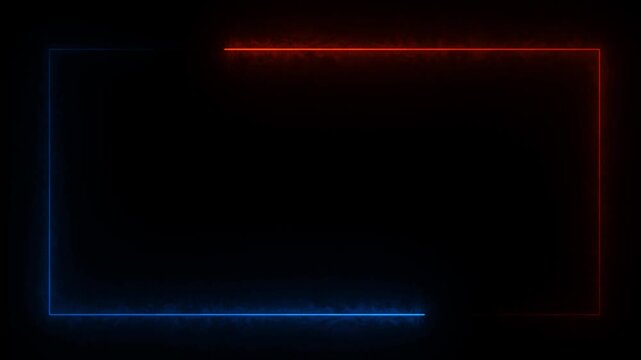 A rectangular frame made of two moving neon lights.Abstract neon studio background in bright colors.Blue and pink light moveing for overlay element. A popular abstract background overla.