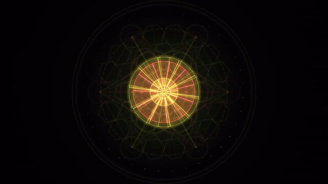 Abstract Glowing Golden Mandala Energy Patterns Rotating In Dark Space.