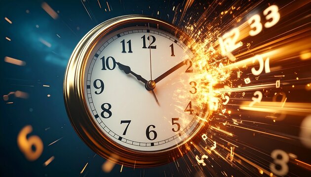 Dramatic Clock Shattering with Exploding Numbers and Light Streaks.