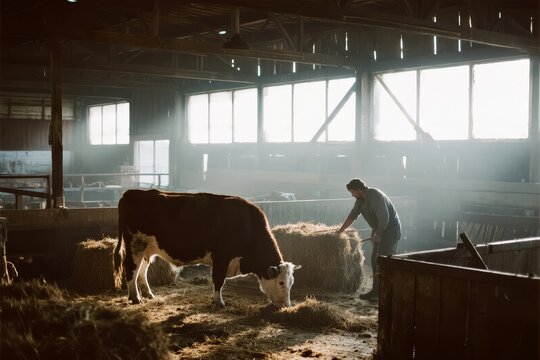 Farmer feeding a cow in a barn with sunlight streaming through windows