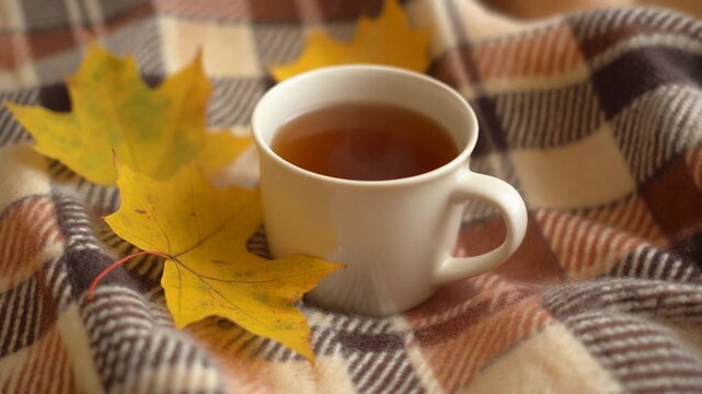 Cozy Autumn Tea and Maple Leaves 4K Generative AI