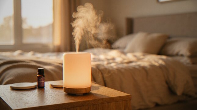 An ultrasonic essential oil diffuser emitting a gentle mist on a wooden nightstand in a warm and cozy bedroom setting.