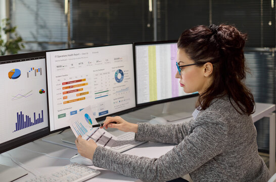 Woman analyst in office reviewing computer dashboards. She studies finance charts on multiple monitors, comparing spreadsheets and KPIs to build reports. Clear concept of data driven finance.