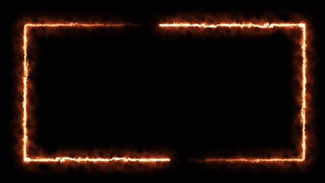 Fire neon light rectangle frame loop animated background. Burning neon lights frame box animation seamless loop, alpha channel, Fire line glowing rectangle border 4k video footage.