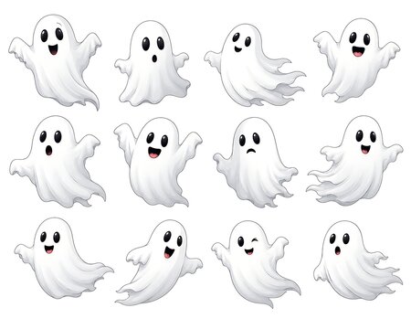 Cute Halloween ghost character set with different expressions isolated on white background, spooky and funny cartoon ghosts collection for Halloween party decoration, Generative AI