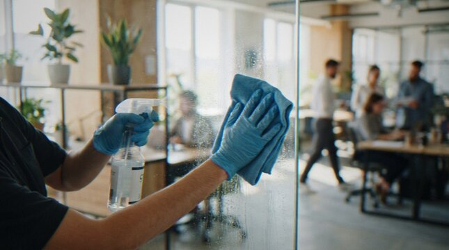 A janitor wearing blue nitrile gloves cleaning a glass office partition with a spray bottle and a cloth, with colleagues working in the blurred background.