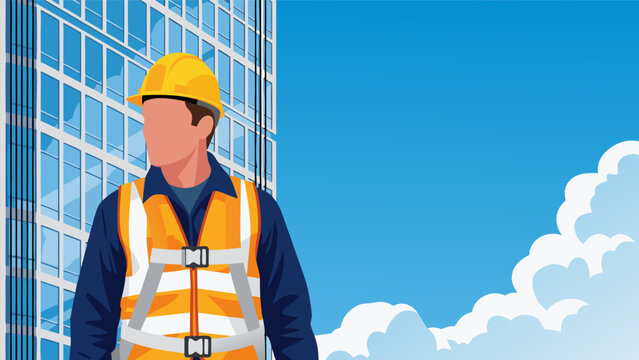A construction worker wearing a safety vest stands in front of a building site.