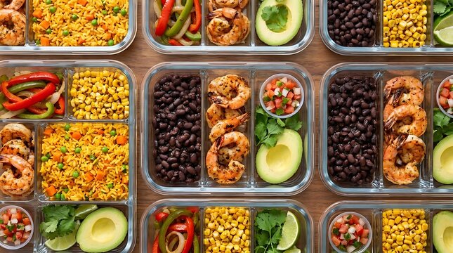 A top-down view of organized fiesta meal prep containers filled with healthy shrimp, black beans, seasoned rice, corn, fresh avocado, and vibrant salsa.