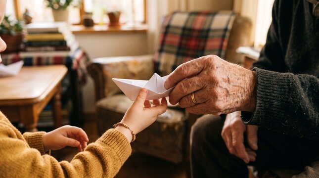 A close-up shot of a grandfather's weathered hand passing a handmade paper boat to his grandchild's small hand.